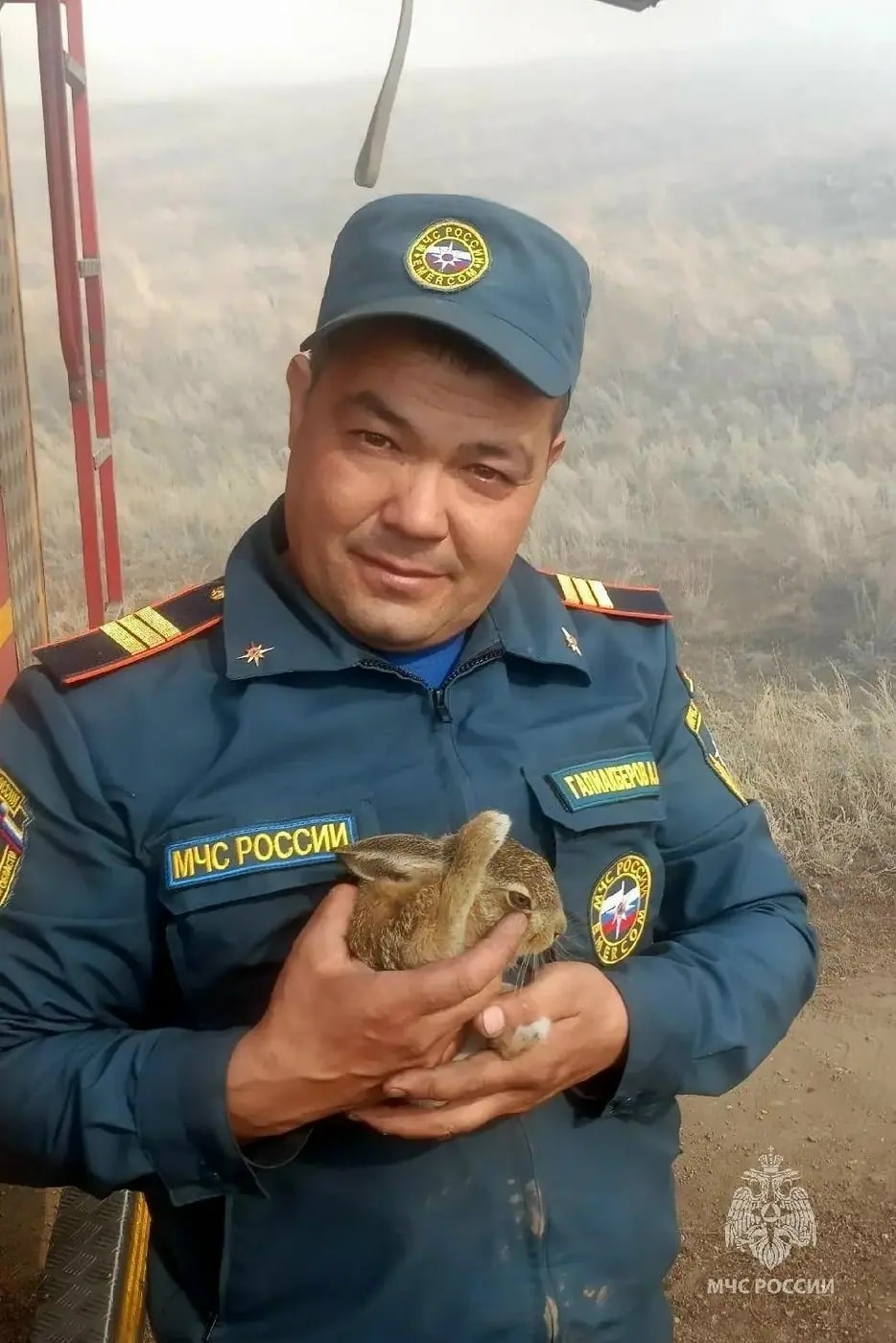Спасатели в Кизильском округе отбили у огня зайчонка